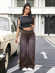 Flexra Quần jeans ống rộng nữ, kiểu dáng thường ngày, đa năng. - Cà phê nâu - Xem 6