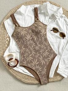 Swim Vcay 性感连体泳衣，贝壳和海星图案，修身沙滩度假泳装 - 咖啡棕 - 查看 2