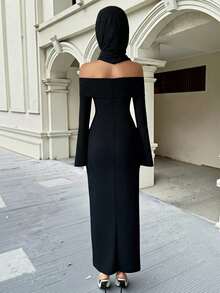 Elenzga Slit Off-Shoulder Long Sleeve Fitted Elegant Party Dress For Women, Autumn/Winter - Black - View 2