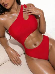 Swim Basics Women's Solid Color Asymmetrical Neck Sleeveless Hollow-Out Minimalist Bodycon One Piece Swimsuit Summer - Red - View 3