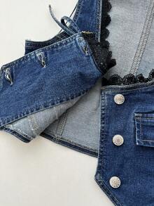 Elamini Women's Summer Casual Contrast Lace Front Button Denim Blouse - Dark Wash - View 3