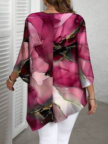 Camisa de manga larga con cuello redondo de talla grande con textura de patrón de mármol de tinta, adecuada para primavera y otoño - Multicolor - Ver 2