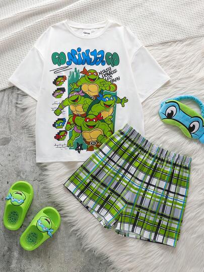 TEENAGE MUTANT NINJA TURTLES | SHEIN Conjunto de pijama con camiseta de cuello redondo de manga corta y pantalones cortos a cuadros para niño preadolescente,