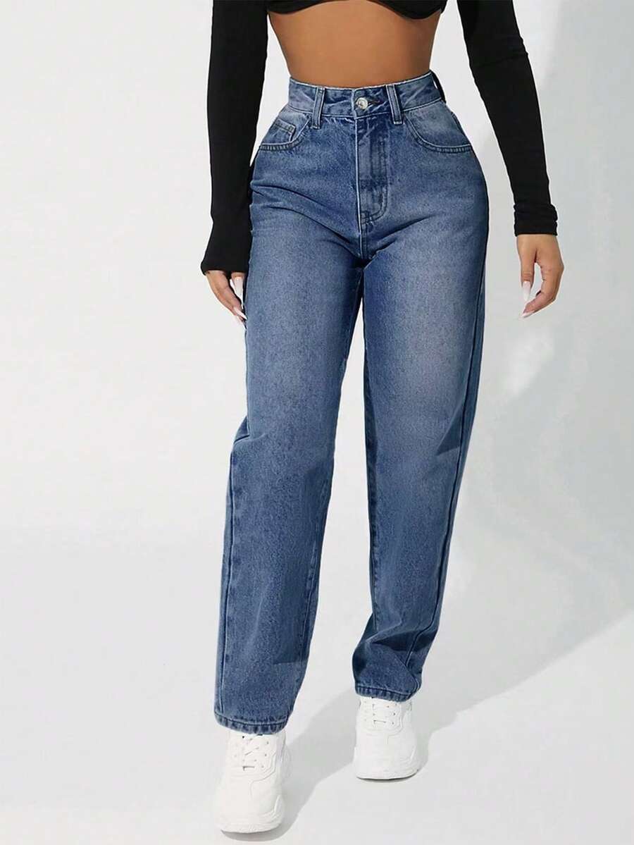 SHEIN PETITE Quần Jeans Mom Fit Cạp Cao Có Khóa Kéo, Quần Jeans Thường Ngày Cho Nữ, Túi, Khóa Kéo, Quần Jeans Ống Thẳng Cạp Cao Dài Màu Đen, Quần Jeans Mom Fit Cỡ Thường, Quần Jeans Nữ, Mùa Xuân/Thu, Trang Phục Thường Ngày Hàng Ngày - Rửa tối - Xem 1