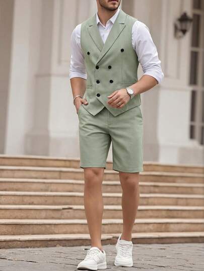 Manfinity Bizformal Men Light Green Double Breasted Waistcoat & Shorts Set/Men's Light Green Double Breasted Waistcoat & Shorts Set - Premium Linen Blend/Men's V-Neck Sleeveless Button-Down Vest And Slim-Fit Trousers Suit/#DoubleBreastedWaistcoat #PreppyStyle #GolfOutfit #BrunchOutfit #LinenBlend #SummerEssentials