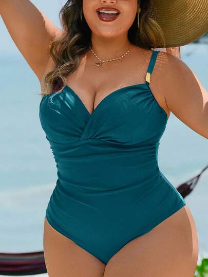 Swim Lushoire Traje de baño de una pieza de talla grande de unicolor con recorte en la cintura y decoración metálica, elegante, adecuado para vacaciones en la playa