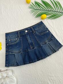 Elamini Y2K 时尚休闲百褶迷你牛仔裙 - 中等水洗藍 - 查看 3