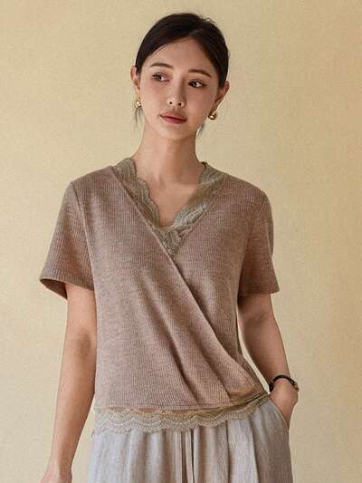 Blusa de manga corta holgada con parches de encaje para mujer, para uso empresarial/casual, para primavera y verano