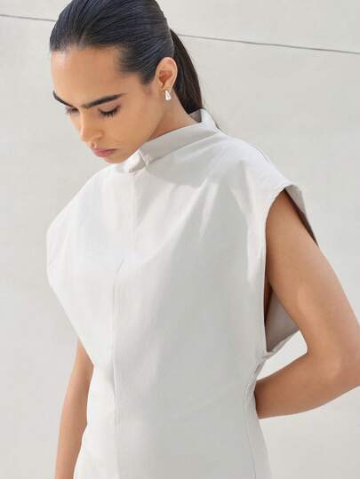 KSTM Mock Neck Sleeveless Midi Dress Cap Sleeves Sophisticated Minimalist Design For Work Office Professional Occasions