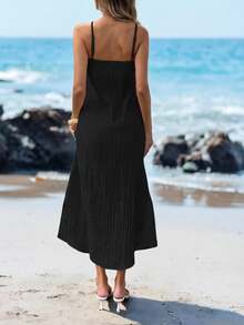 Sylviya Women's Casual Tropical Elegant Tropical Tropical 3D Floral Halter Slit Dress Neck Black Maxi Long Summer Beach Vacation Vacation Vacation Outfit - Black - View 3