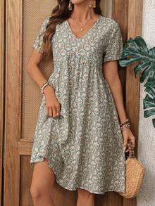 EMERY ROSE Women's V-Neck Allover Print Pleated Casual Summer Short Dress - Multicolor - View 7