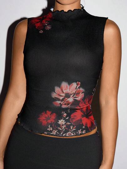 SHEIN ICON Y2k Women's Chinese Style Black Going Out Concert Floral Print Ruffle Collar Casual Tank Top For Summer