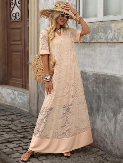 Brillora Solid Color Lace Knit Dress For Women, Spring/Summer Vacation