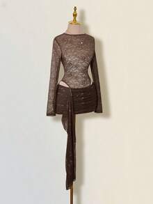 SHEIN ICON Women's Brown Floral Chic Summer Club Night Sheer Round Neck Lace Patchwork Jumpsuit And Mini Skirt 2 Pieces Set,Wedding Guest Party Outfits - Brown - View 17