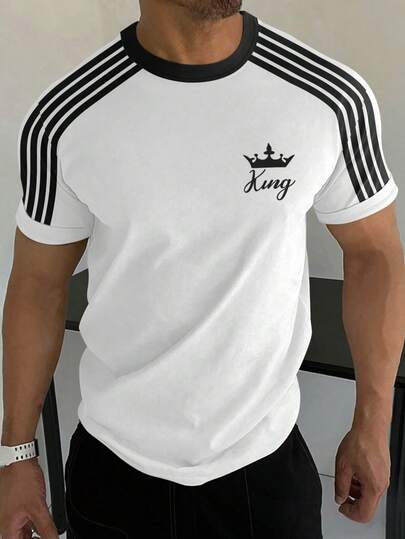 Manfinity Homme Men's Summer White Black Slim Fit T-Shirt King Crown Script Letter Small Chest Logo Raglan Shoulder Stripe Graphic Print Round Neck Contrast Collar Short Sleeve Muscle Tee Going Out Workout Gym Casual Athletic Sporty Top,Men's Casual Crew Neck Crown & Letter Print Short Sleeve T-Shirt, Versatile For Daily Wear