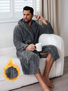 1PC Autumn/Winter Multicolor Long Plush Cable Knit Hooded Bathrobe, Elegant & Charming Fashion Men's Casual Loungewear & Couples Robe - Dark Grey - View 2