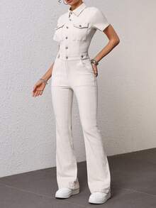 SHEIN EZwear 女款翻領鈕扣口袋休閒日常牛仔喇叭褲連身褲 外出辦公米白色夏季 - 杏色 - 查看 5