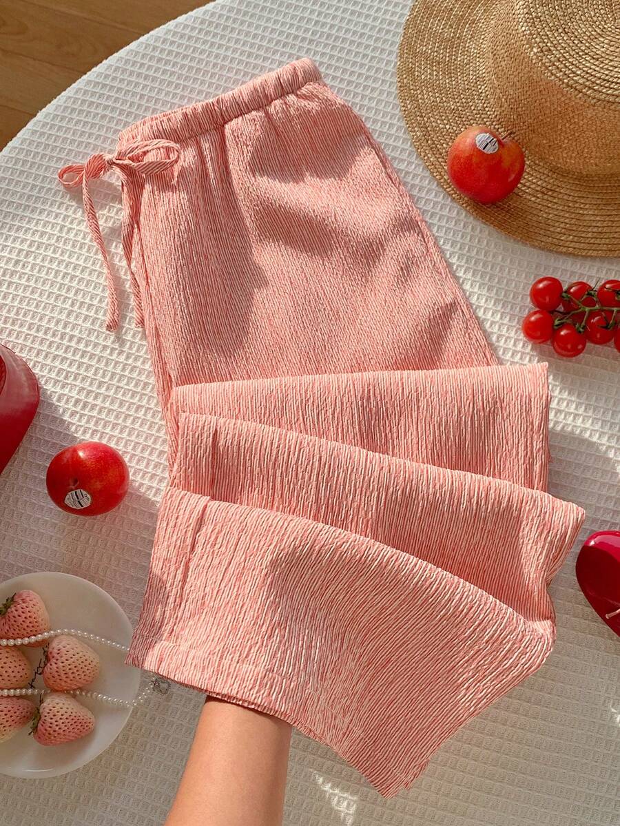 SHEIN EZwear Quần nữ dáng rộng, có dây rút, chất liệu vải sần. - Đỏ - Xem 1