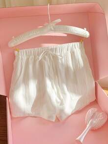 SHEIN EZwear 女士抽绳腰纯色休闲百搭日常短裤 - 白色 - 查看 7