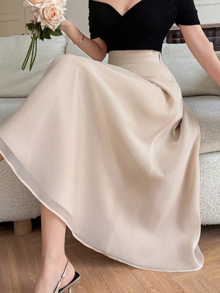 Women's Elegant Solid Color High Waist Double-Layer Umbrella Hem Skirt, Versatile Summer