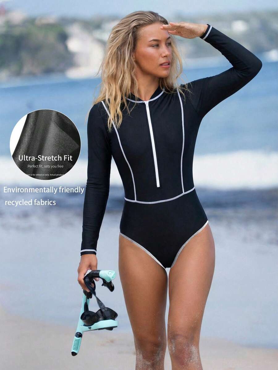 Swim SPRTY 女士冲浪服，黑色五线拼接连体专业冲浪拉链款，春夏款 - 黑色 - 查看 1