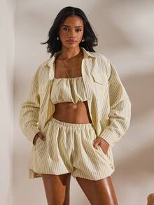 Opulessa 3pcs/Set Spring & Summer Vacation Woven Striped Loose Shirt & Camisole & Shorts Women 2 Pieces Set - Light Yellow - View 4