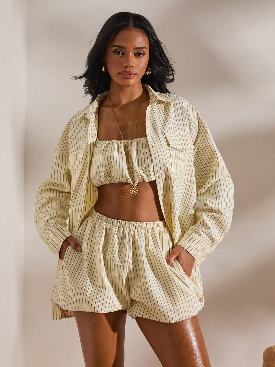 Opulessa 3pcs/Set Spring & Summer Vacation Woven Striped Loose Shirt & Camisole & Shorts Women 2 Pieces Set - Light Yellow - View 1