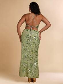 SHEIN BAE Plus Size Women Green Beaded Halter Maxi Dress, Vacation - Green - View 9