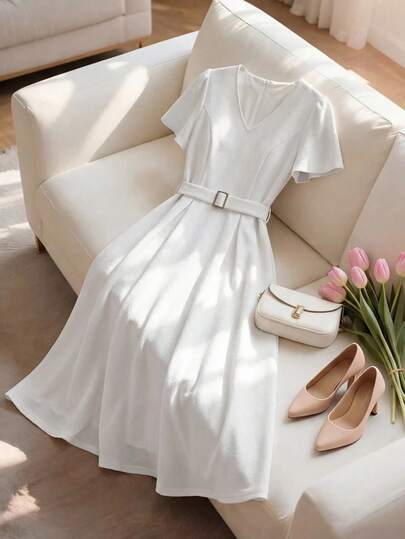 Miaspire Vestido midi de mujer con escote en V y mangas cortas, conjunto de vestir elegante para vacaciones de verano para mujeres en primavera y verano