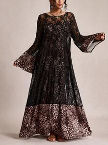 SHEIN LUNE 大码女式非洲豹纹图案吊带针织连衣裙配网纱披肩，优雅女士两件套长款派对礼服，优雅派对端庄连衣裙，黑色连衣裙，魅力薄纱连衣裙 - 彩色 - 查看 6