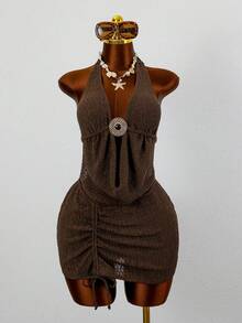 Slaydiva New Women's Backless Halter Mini Cover-Up Dress, Fashionable Sexy Beach Vacation, Spring/Summer - Brown - View 1