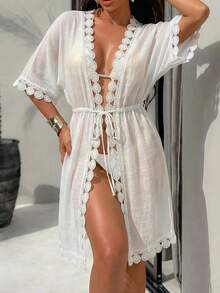 Swim Vcay 女士优雅蕾丝边罩衫，适合海滩、泳池、夏季度假 - 白色 - 查看 7