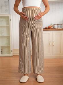 SHEIN 孕妇可调节腰围宽松条纹裤 - 巧克力棕 - 查看 5