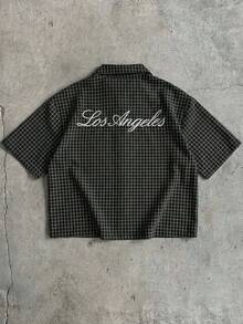 AXEPEAK 男士格子短袖单排扣休闲通勤衬衫 男士短袖衬衫 男士格子衬衫 男士宽松短款衬衫 洛杉矶衬衫 男士休闲衬衫 - 黑色 - 查看 7