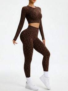 Dewbera Dewbera Women's Leopard Print Round Neck Backless Long Sleeve Top And Tight Leggings Casual Sports Suit - Coffee Brown - View 5