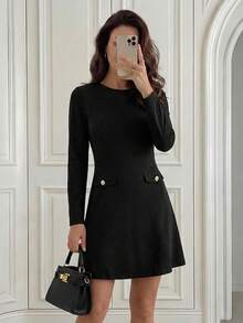 EMERY ROSE 女士纯色腰部收紧短款休闲连衣裙，适合通勤 - 黑色 - 查看 9