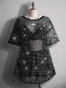 SHEIN ICON 大码音乐节全息T恤裙，宽松全息音乐节派对T恤裙 - 銀色 - 查看 3