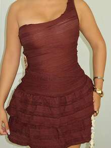 Maria Perezxox 性感装扮 - 不对称肩上衣 + 荷叶边迷你裙 - 咖啡棕 - 查看 6