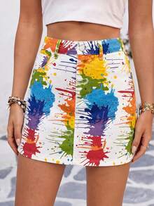 SHEIN ICON Women's Graffiti Pattern Pocket Button Casual Versatile Daily Wear Denim Mini Skirt - Multicolor - View 5