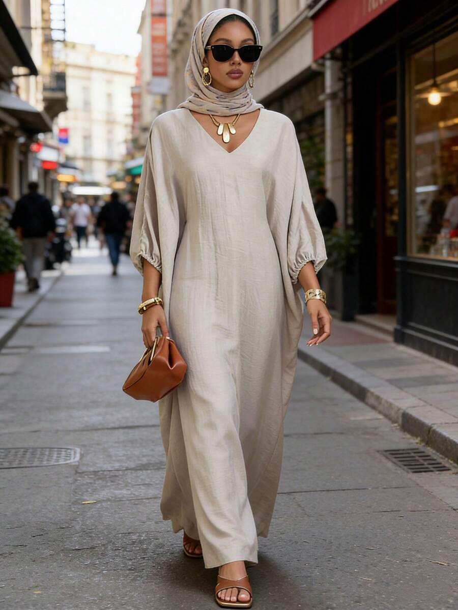 Vesra 女士休闲度假风纯色V领蝙蝠袖宽松长连衣裙，春秋季 - 杏色 - 查看 1