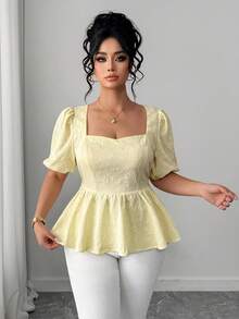 Elenzga Plus Size Women's Yellow Elegant Summer Blouse,French 3D Floral Square Collar Ruched Puff Sleeve Babydoll Top For Party,Vacation,Weddings - Light Yellow - View 4