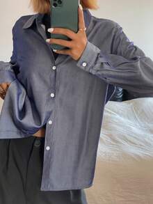 DAZY Camisa casual de manga larga y unicolor para mujer, azul - Azul - Ver 4