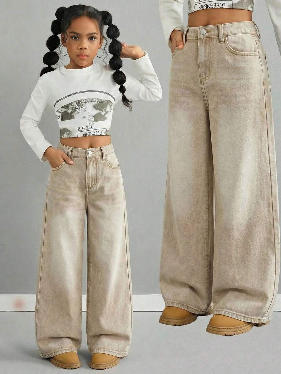 SHEIN Quần jean ống rộng cạp thấp màu xanh dương kiểu retro dành cho bé gái - Màu Khaki - Xem 1