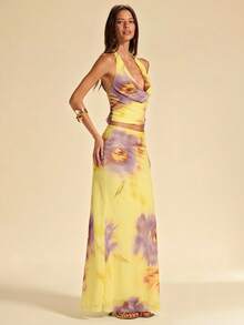 SHEIN BAE 女士印花垂领吊带背心和迷你裙两件套度假套装 - 黃色 - 查看 4