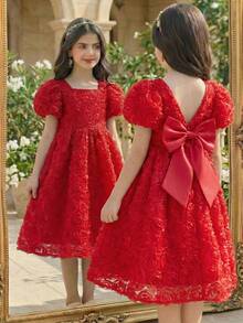 SHEIN Red Floral 3D Rose Flower Decor Dress, Summer Elegant Wedding Guest A-Line V-Neck Short Sleeve Tween Girl Formal Party Outfits For Birthdays - Red - View 4
