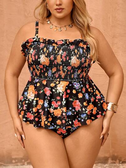 Swim Mod New Summer Beach Vacation Floral Print Bandeau Slimming Sweet Romantic Vacation Slim Plus Size Women's Tankini Swimsuit