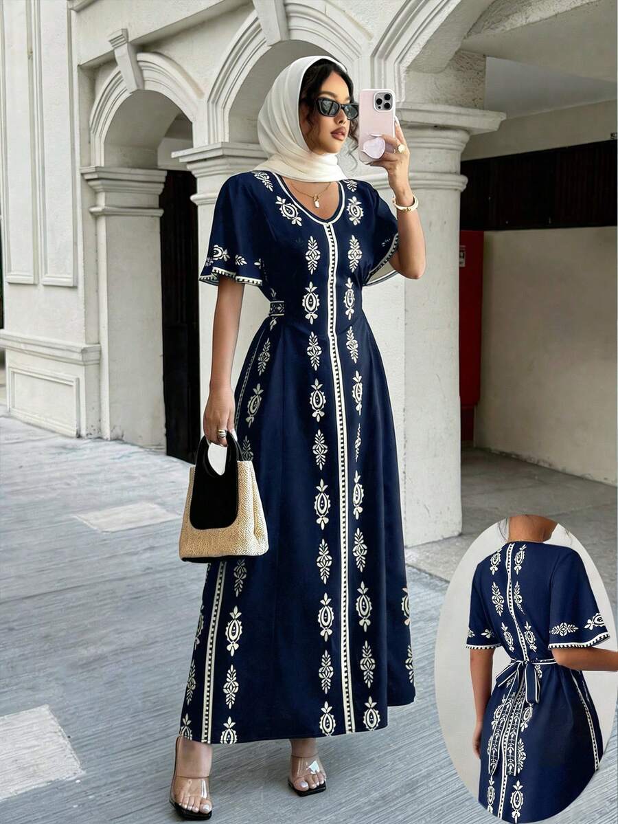 Elenzga New Elegant V-Neck Fashion Placement Print Women Dress - Navy Blue - View 1