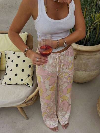 Aloruh Women's New Allover Print Beach Cover Up Pants, Low Waist Wide Leg Palazzo Pants, Maxi Length Pants, Women's Resort Wear Women Beach Wear