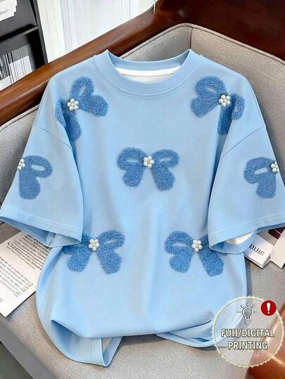 SHEIN EZwear 女士圆领数码印花蝴蝶结铆钉T恤