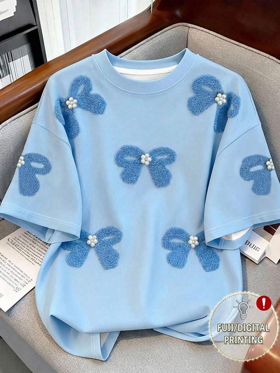 SHEIN EZwear 女士圆领数码印花蝴蝶结铆钉T恤 - 彩色 - 查看 1